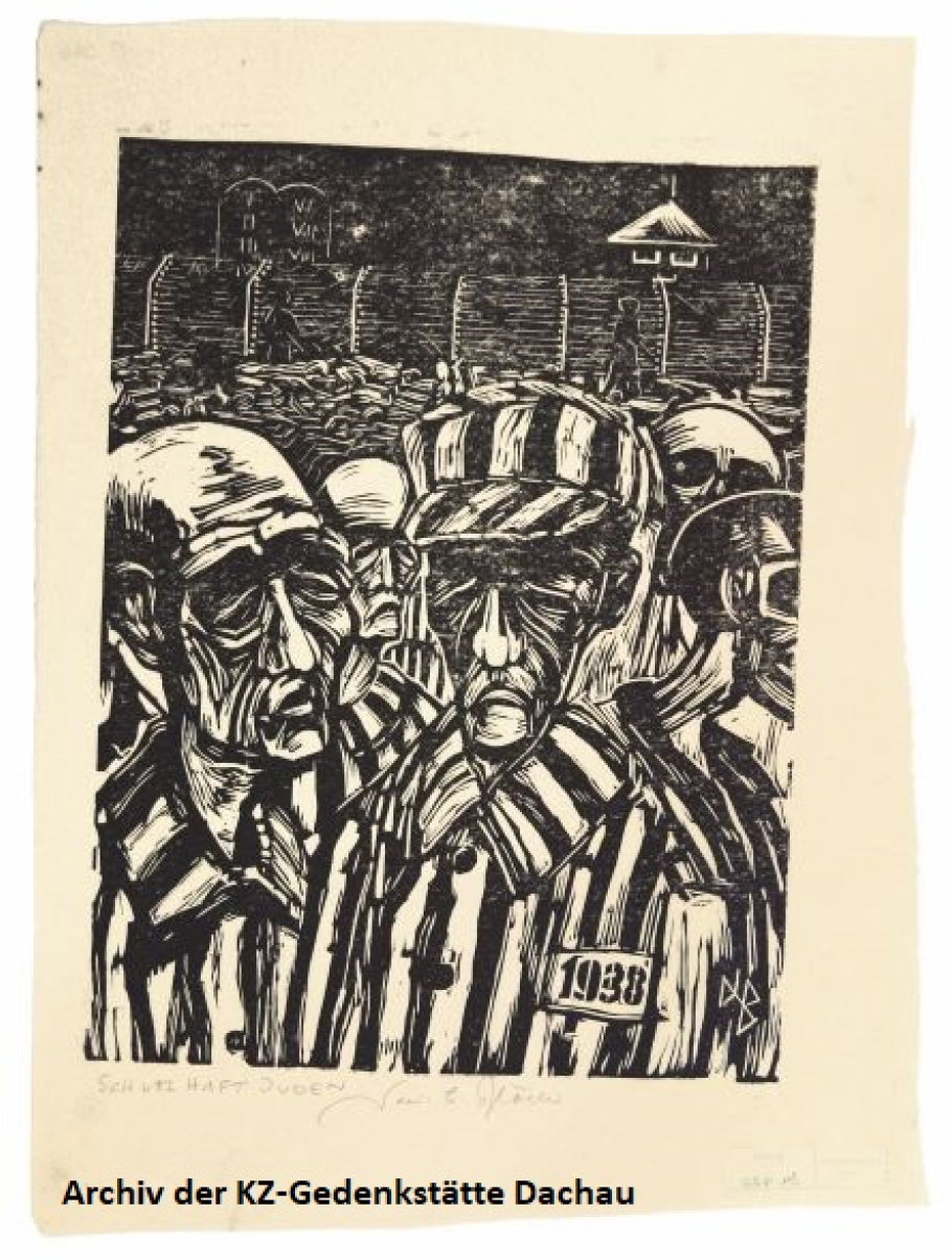 In the foreground, camp prisoners in striped uniforms with haggard faces. One of the prisoner's uniforms bears the year 1938 where the prisoner number should be. In the background, the barbed wire fence and a guard tower.