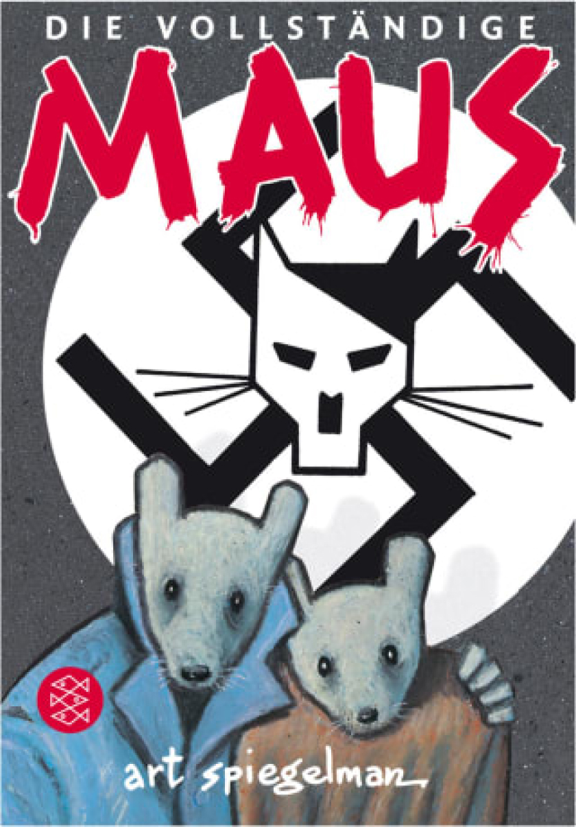 "Maus" graphic novel cover. In the center, a large swastika with the head of a cat resembling Adolf Hitler. Underneath, two frightened-looking mice wearing overcoats.