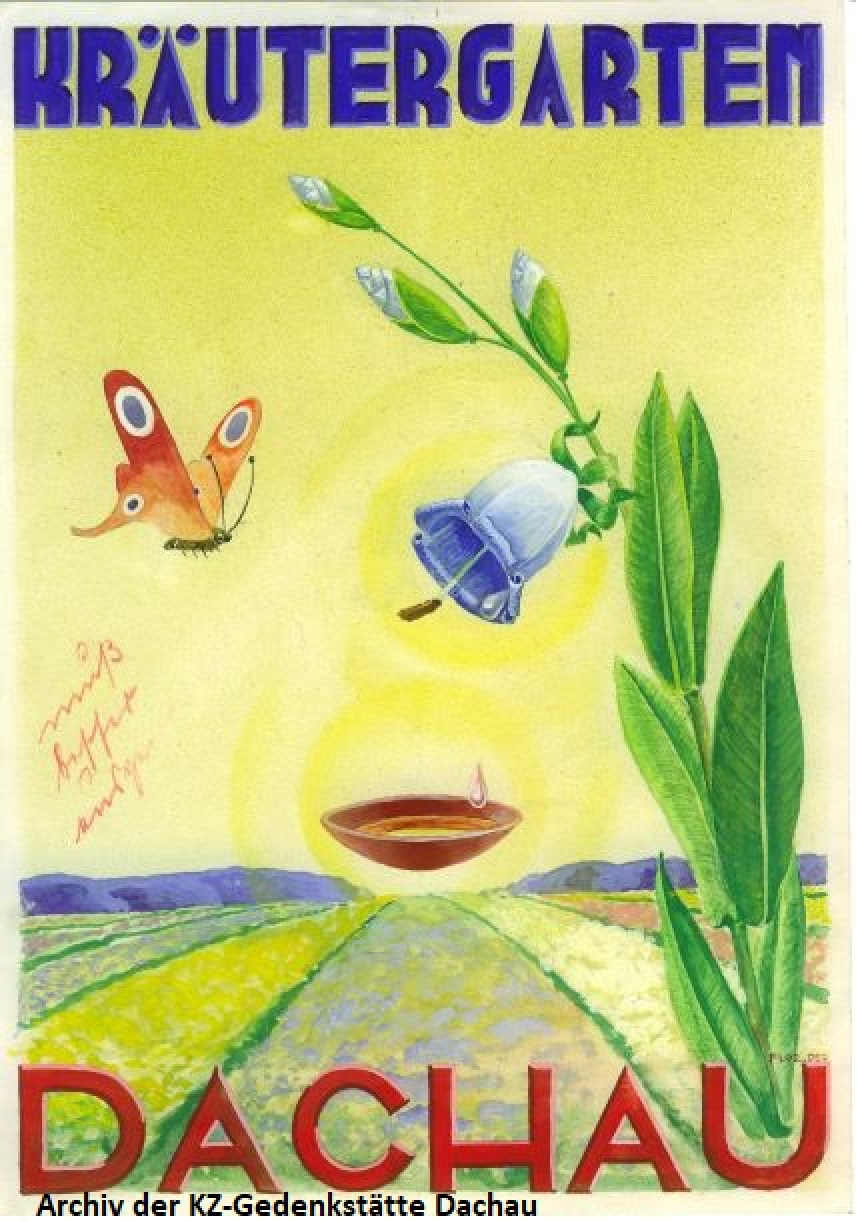Der Entwurf eines Werbeplakates aus dem KZ Dachau. Ein Schmetterling, eine Blume, eine Teeschale über Feldern.