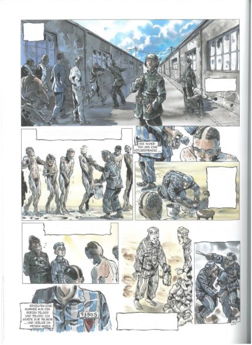 Comic-Panel, das den Einlieferungsprozess im KZ Dachau nachzeichnet. Die Häftlinge werden von der SS geprügelt und mit Hunden bewacht. Sie müssen sich nackt ausziehen und werden mit Formalin desinfiziert. Außerdem wird ihnen längs über die Mitte ein Streifen kahl rasiert und sie müssen die Häftlingsuniform anziehen. 