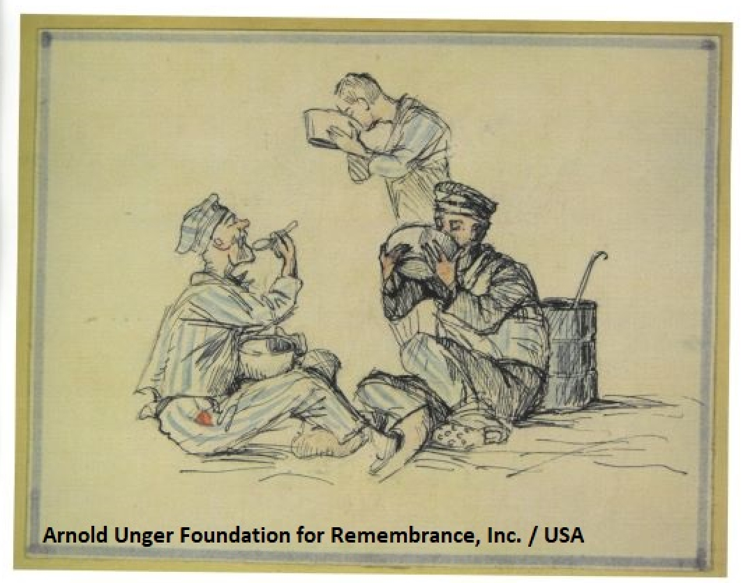 Three camp prisoners with bowls, the front two seated, next to them a pot with a ladle. One eats with a spoon; the others drink from their bowls.
