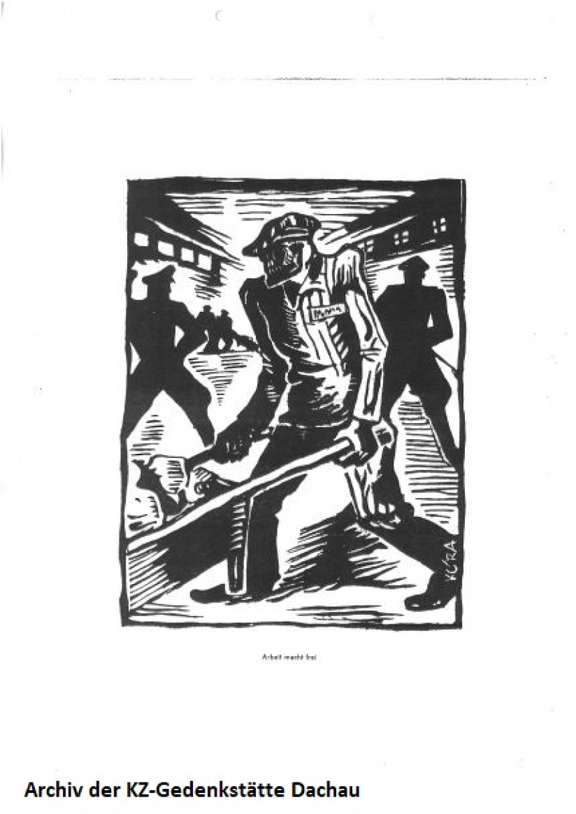 Possibly a wood-block print. In the foreground, a camp prisoner, depicted with the face of a skeleton, pushes a barrow. In the background, dark shadows of SS men.