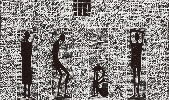 The woodcut by the survivor Bogdan Borčić shows four variations of the standing cell. The prisoner on the left stands upright in his narrow cell without touching the walls to his left or right. The prisoner to his right is leaning against the left-hand side of his cell, knees slightly bent and his upper body leaning forward. The third prisoner is sitting on the floor, huddled over, his knees tucked in. He is leaning against the wall and is holding his head in his hands. The prisoner on the far right is standing in the middle of his cell, crossing his arms above his head. A small window is placed in the middle over the prisoners.