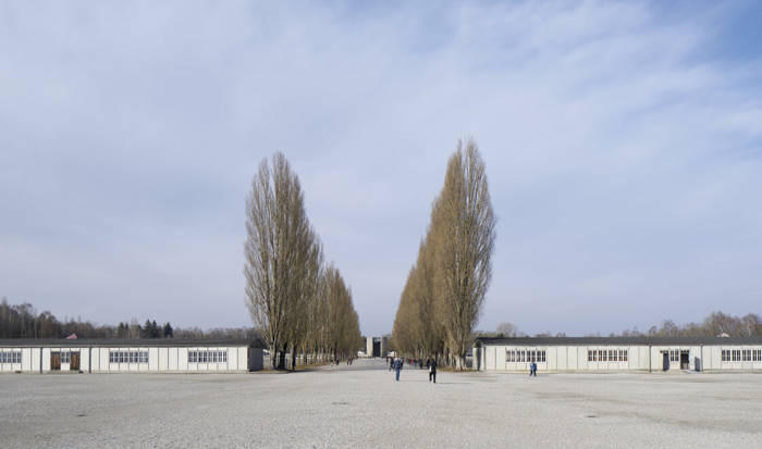 Looking down the camp road from the roll call area, on the left and right of the poplar-lined road are the reconstructed barracks erected in 1965. Behind them are 32 concrete foundations poured into the ground, marking out the layout of the barracks.