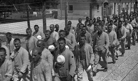 Prisoners holding enamel bowls in orderly rows, SS propaganda photo (Federal archives)