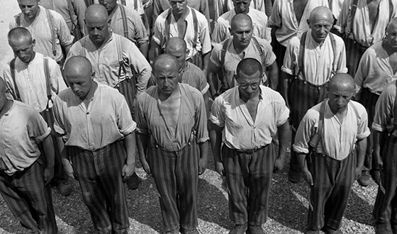 Détenus immobiles au crâne rasé et en pantalon rayé pris d´en haut, photographie de propagande SS (Crédits photographiques : Archives fédérales allemandes)