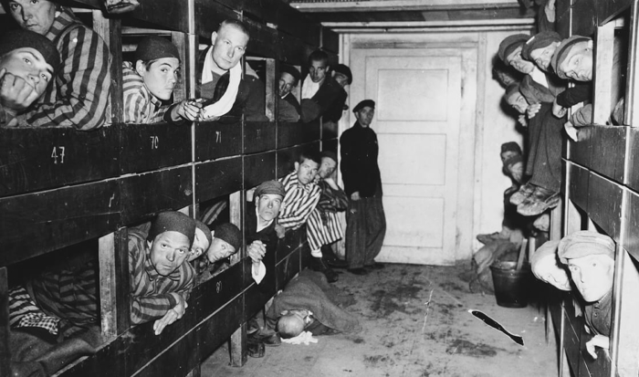 The photographer captures the perspectival line down an aisle separating the bunk beds on the left and right. Several prisoners in the striped garb peer out from the wooden bunks, craning their necks. Some of them are looking directly into the camera.