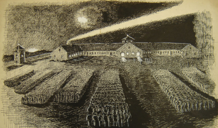 The drawing depicts a nighttime roll call. Lined up in strictly ordered columns, the prisoners are standing on the large rectangular roll call area. The sky is illuminated by bright searchlights.