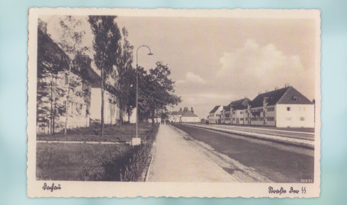 The postcard shows a broad street, flanked on both sides by villas. The row of houses on the left has small lawns and trees.