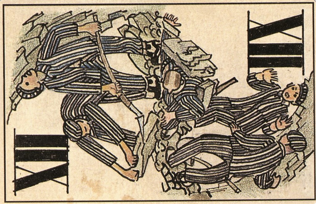 Kolorierte Tarock-Karte von Boris Kobe mit der Darstellung von Häftlingen bei der Zwangsarbeit. Einige haben Werkzeuge bei sich, ein Häftling ist unter einigen Steinen eingeklemmt.