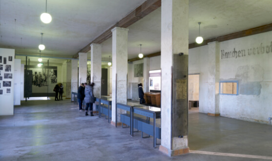 Grande sala suddivisa da colonne e vetrine espositive nel centro.