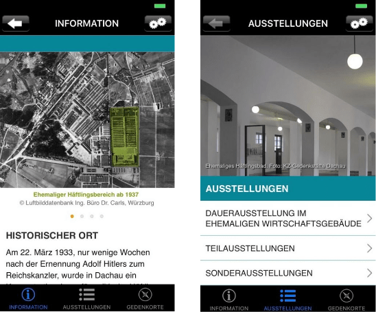 Vier Screenshots mit Ansichten der Gedenkstätten-App