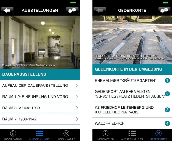 Vier Screenshots mit Ansichten der Gedenkstätten-App
