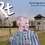 Das Logo von ARt, ein KZ-Häftling in AR vor dem Gelände der KZ-Gedenkstätte