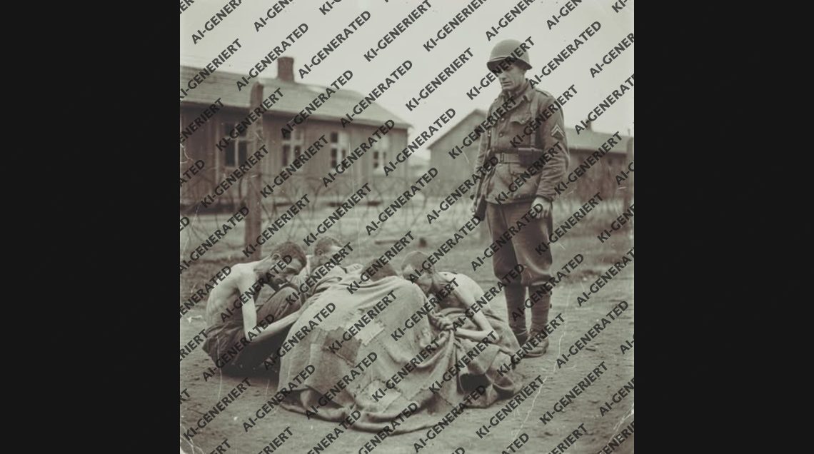 KI-generiertes Bild einer angeblichen Situation im KZ Dachau, Facebook Post “The Blanket of Strangers”, Screenshot 26.08.2025