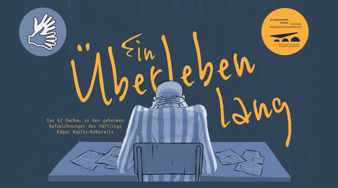 Die gezeichnete Figur des ehemaligen Häftlings Edgar Kupfer-Koberwitz sitzt an einem Tisch. Im Hintergrund steht der Titel der Graphic Novel "Ein Überleben lang" geschrieben.