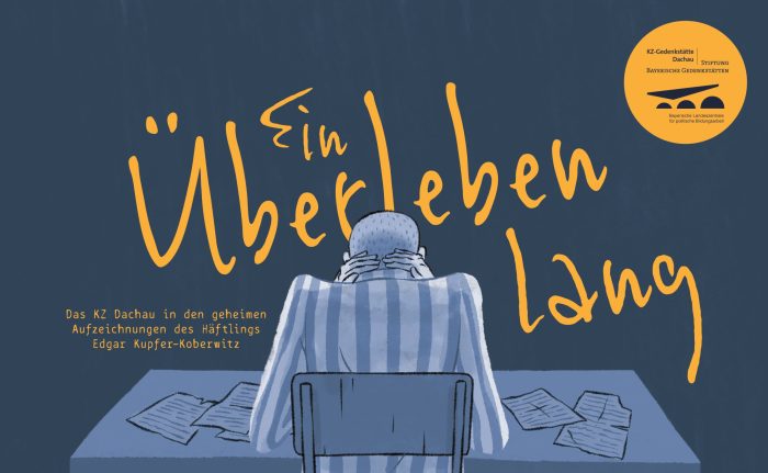 Die gezeichnete Figur des ehemaligen Häftlings Edgar Kupfer-Koberwitz sitzt an einem Tisch. Im Hintergrund steht der Titel der Graphic Novel 